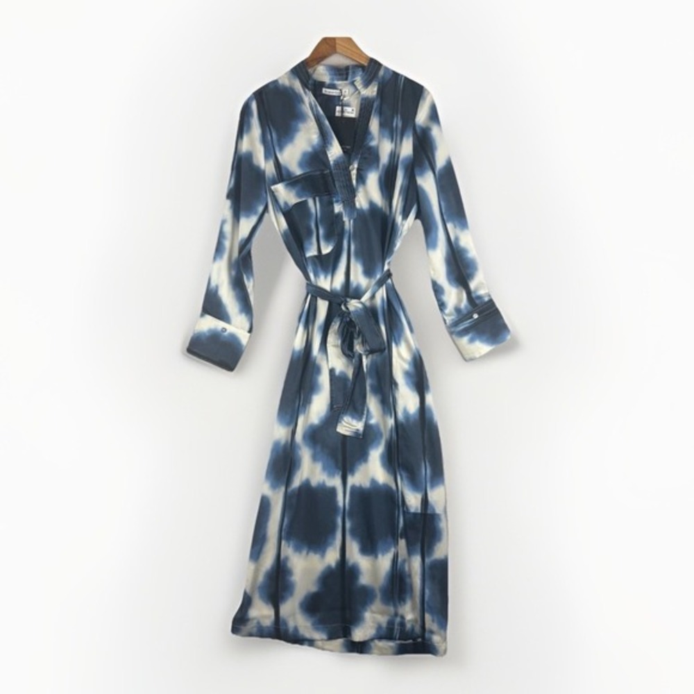 brave + true Sampson Maxi Womens‎ XS Shirt Dress Blue Tie Dye Satin Resort